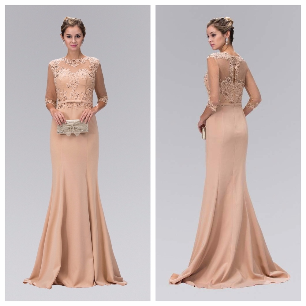 SHEER NECKLINE WITH THREE QUARTER SLEEVES GOWN
